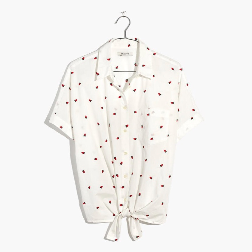 Strawberry Embroidered Short Sleeve Tie Shirt